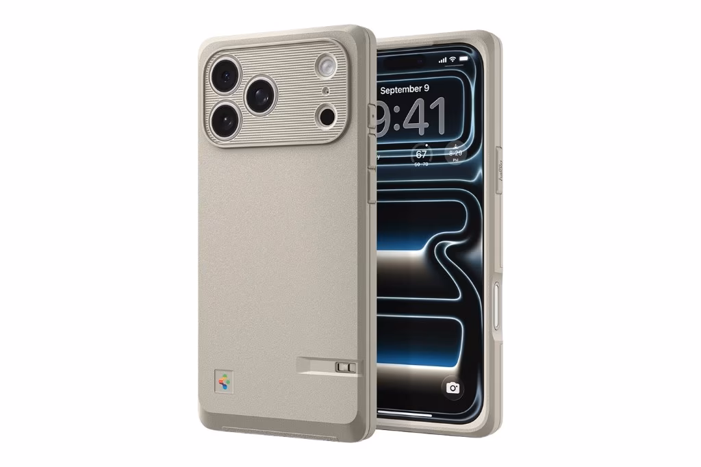 Spigen Classic LS MagFit: ốp iPhone 17 màu Stone, mặt trước và cụm MagFit