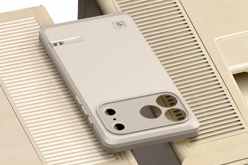 Spigen Macintosh-inspired case trên thân máy Mac cổ, nhấn mạnh chi tiết retro